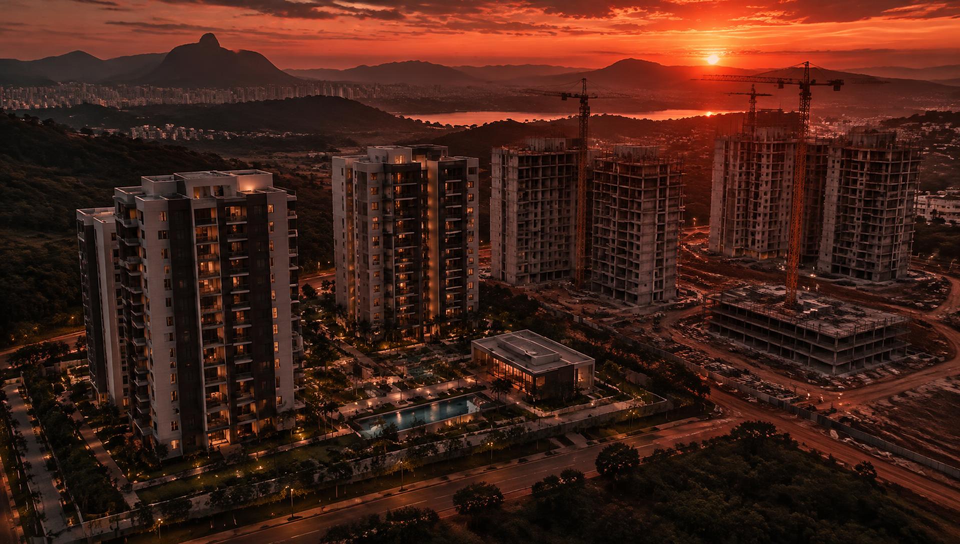 Empreendimento residencial filmado por drone ao pôr do sol
